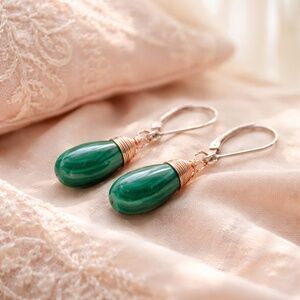 Wire Wrapped Malachite Earrings: 14K Rose Gold Filled, 13th Anniversary Gem